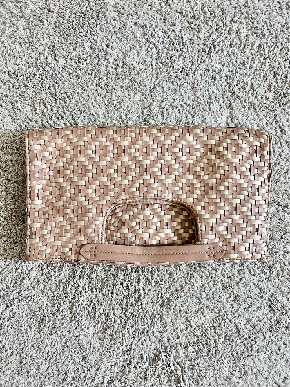 Anthropologie Braided Woven Foldover Clutch Bag Faux Leather Tan